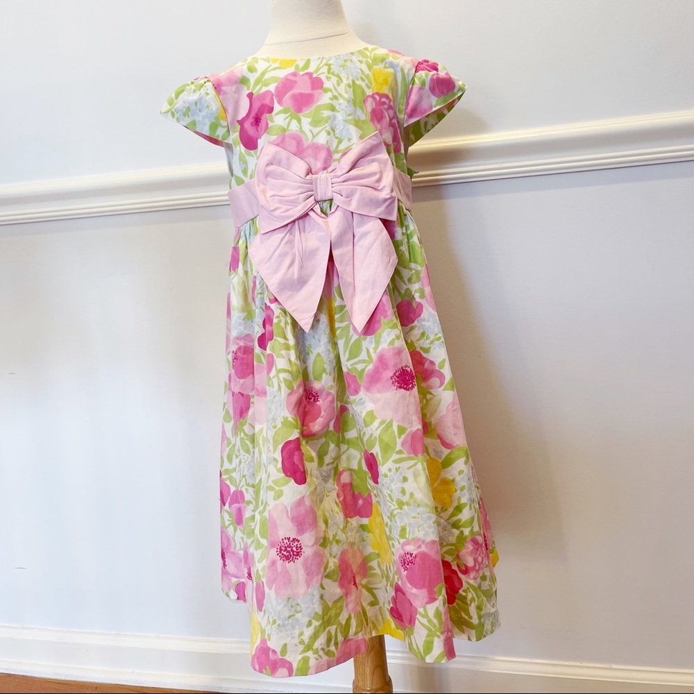 Gymboree Pink Yellow Green Floral Pink Bow Short Sleeve Girls Party Dress Sz 7